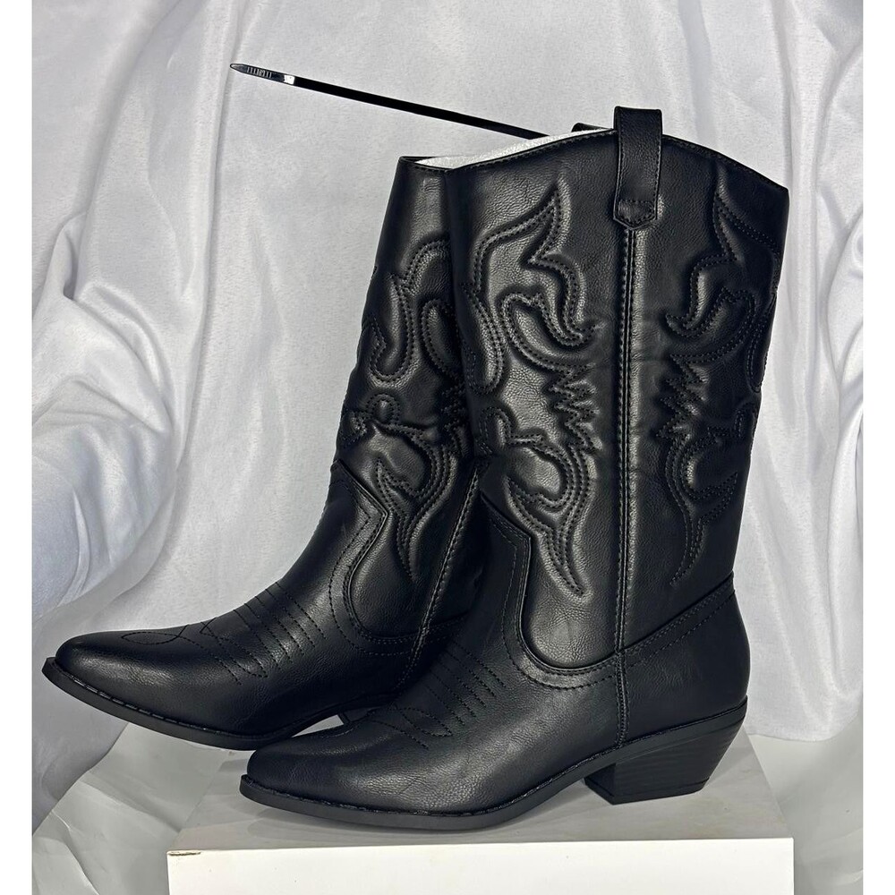 Women’s Cowboy Boots Size 8.5 Black Western Embroidered Pointed Toe Mid CalNWOT